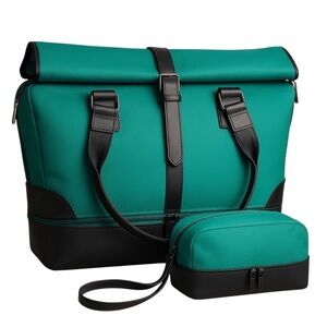 Roll-Top Weekender Bag w/ Trolley Sleeve & Matching Toiletry Bag – Teal/Black